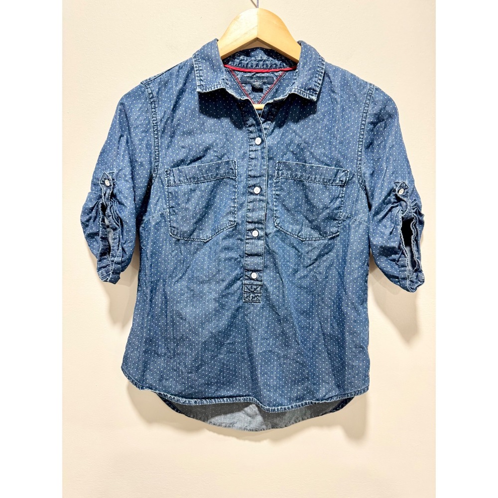 Tommy Hilfiger Polka Dot Denim Popover Shirt Blue Roll Tab Sleeve Small‎